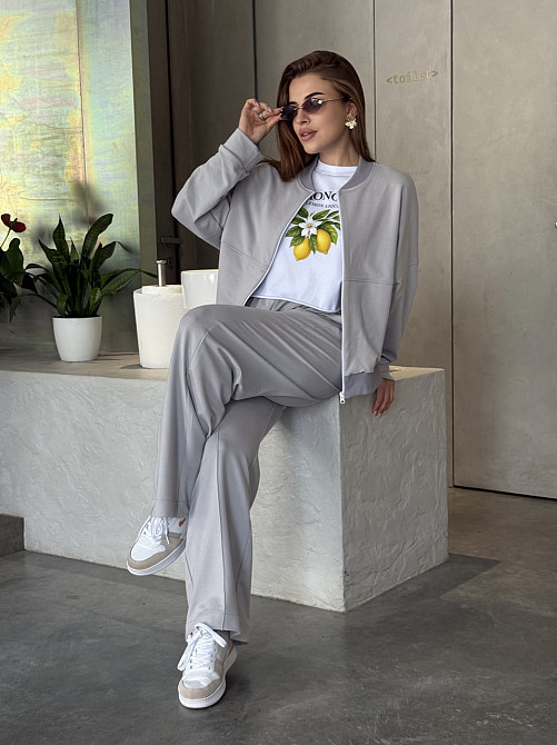 Женский костюм оверсайз с широкими брюками из двунитки Серый 50/52 Харьков - изображение 1