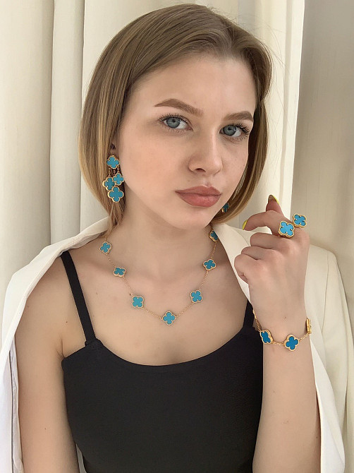 Серьги голубые на 4 элемента / покрытие лимонным золотом / Vancleef Ванклиф сережки под бирюзу Одесса - изображение 2