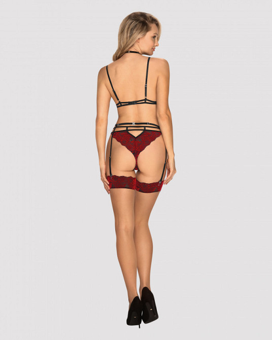 Панчохи під пояс із оксамитовою коронкою Obsessive Sugestina L/XL Natural/red Sex Aura Київ - фото 4