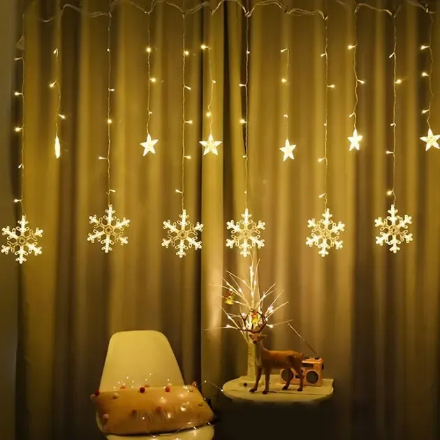 Новогодняя cветодиодная гирлянда шторка "Снежинки и Звезды" Коломия - фото 1