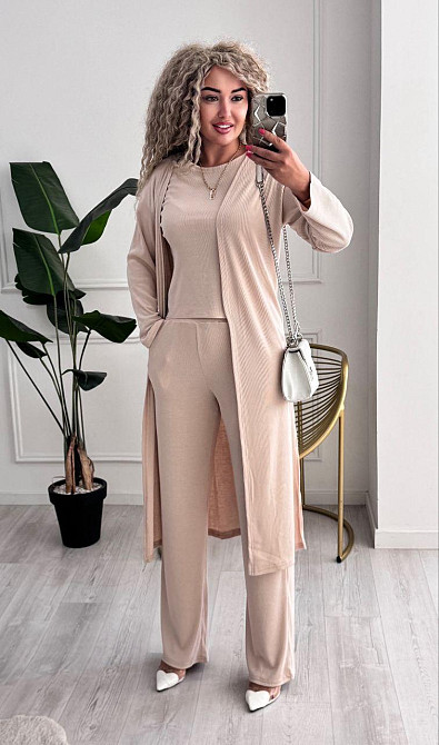 Жіночий базовий прогулянковий костюм-трійка: кардиган футболка та штани трикотажний рубчик Кремовий, 50/52 Одеса - фото 7