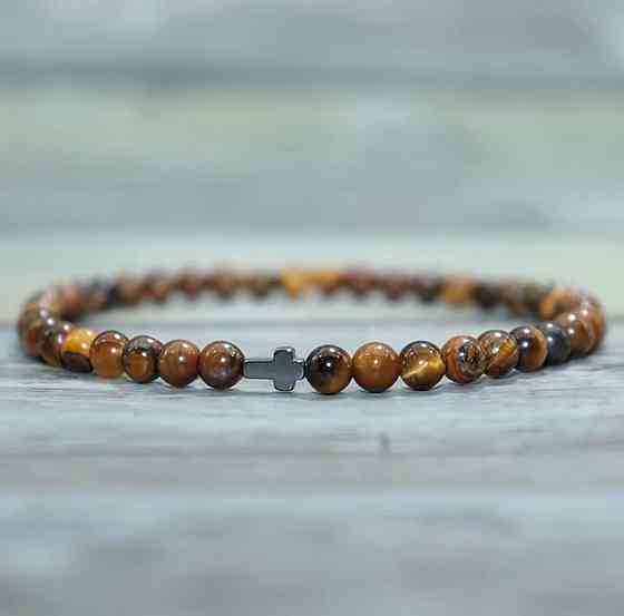 Браслет из натурального камня тигровый глаз с крестиком мужской браслет из бусин Киев