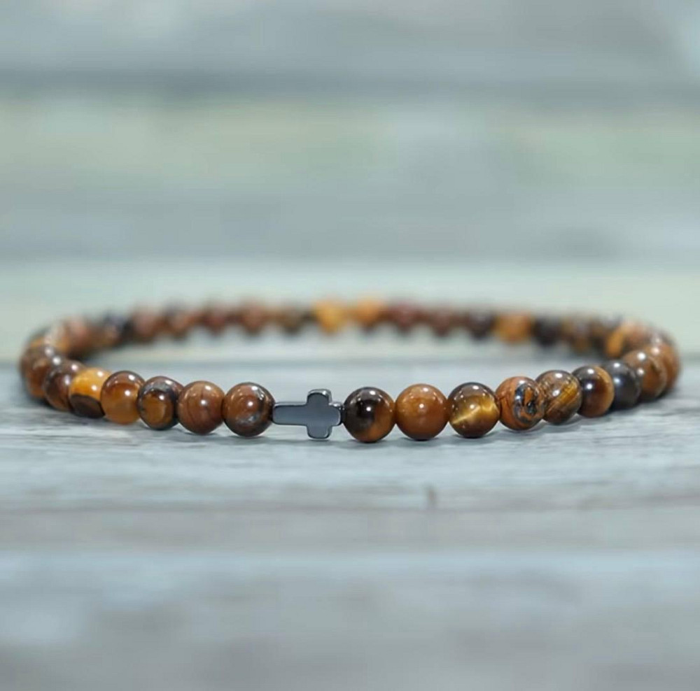 Браслет из натурального камня тигровый глаз с крестиком мужской браслет из бусин Киев - изображение 1
