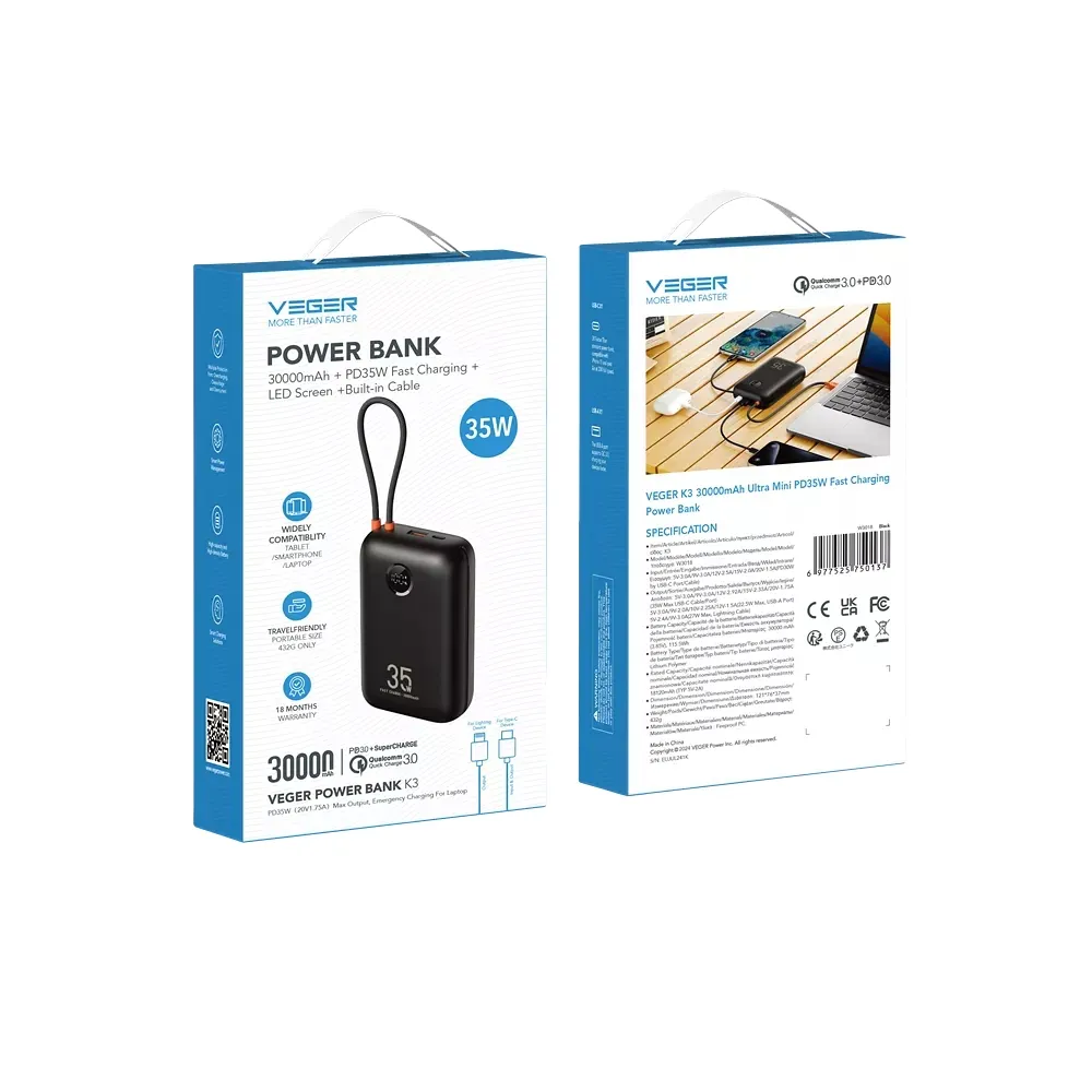 Зовнішній акумулятор VEGER Built-In 2 cables Ultra Mini 30000mAh Киев - изображение 2