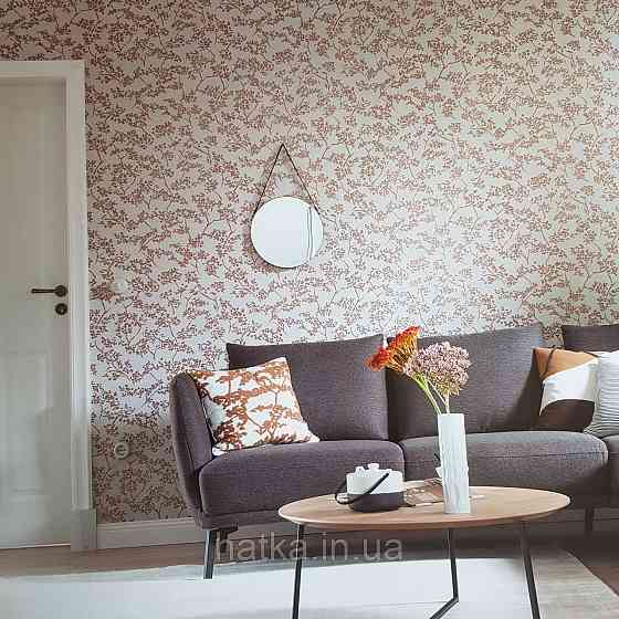 Шпалери вінілові на флізелін Marburg New Spirit Schoner Wohnen листя гілки золотисті квіти на сіро рожевому Київ