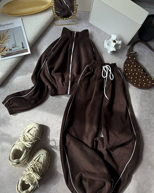 Теплий жіночий прогулянковий костюм із кантом двосторонній фліс. Шоколад Одеса - фото 1