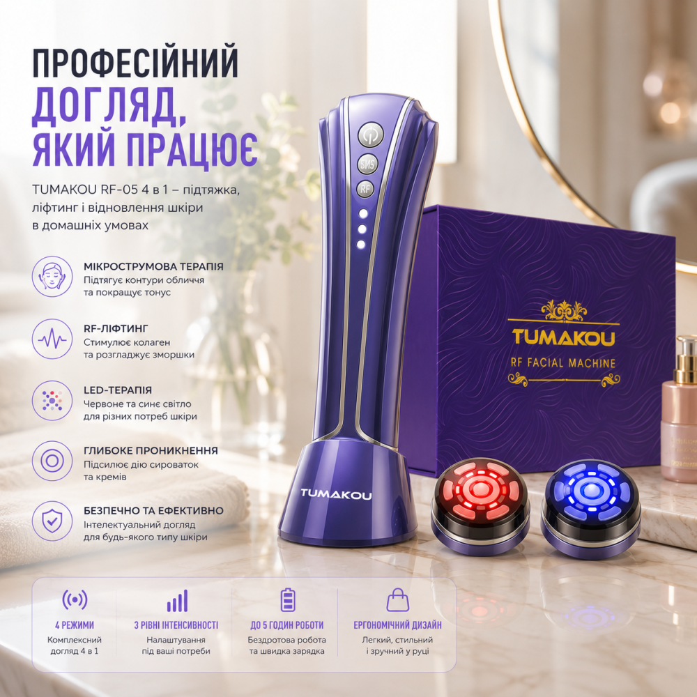 Апарат для мікрострумової підтяжки обличчя TUMAKOU 4 в 1 RF-05 Радіочастотний ліфтинг масажер терапія Фіолетовий Київ - фото 13