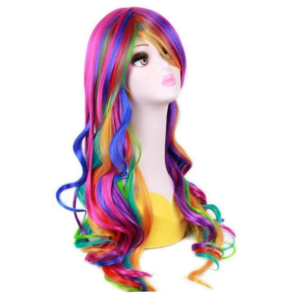 Парик разноцветный радужный яркий длинный 72см, волнистые синтетические красочные волосы для косплей вечеринок Киев - изображение 2