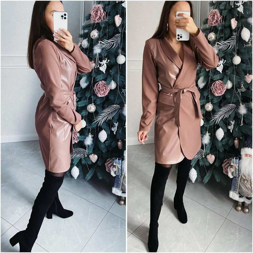 Женское стильное платье-пиджак с поясом костюмная ткань + экокожа Мокко, 46/48 Одесса - изображение 10