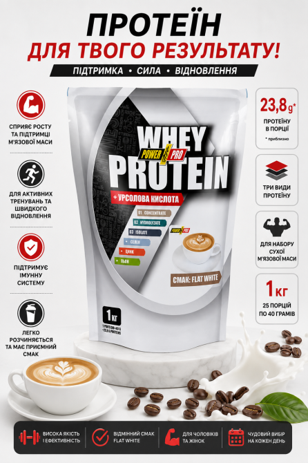 Сывороточный протеин Power Pro Whey Protein +урсоловая кислота 1 кг Flat White Киев - изображение 5