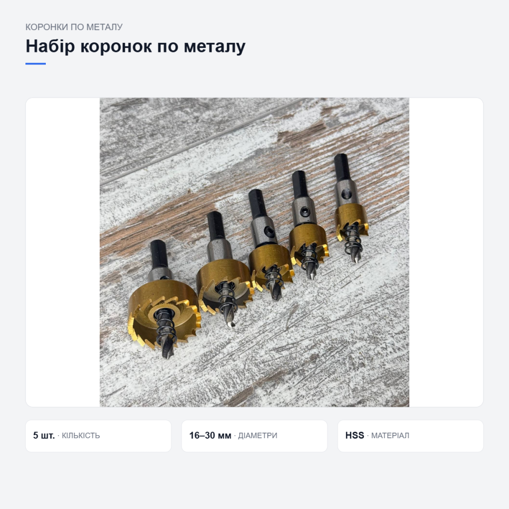 Набор коронок по металлу 5 шт 16–30 мм, HSS сталь, сверла для дрели и электроинструмента Киев - изображение 14