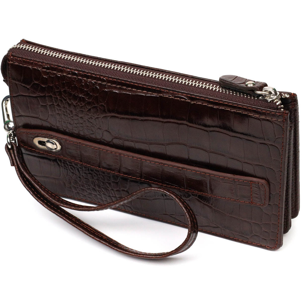 Вместительный мужской клатч на два отделения из натуральной кожи с тиснением под крокодила BOND 22046 Коричневый Киев - изображение 2