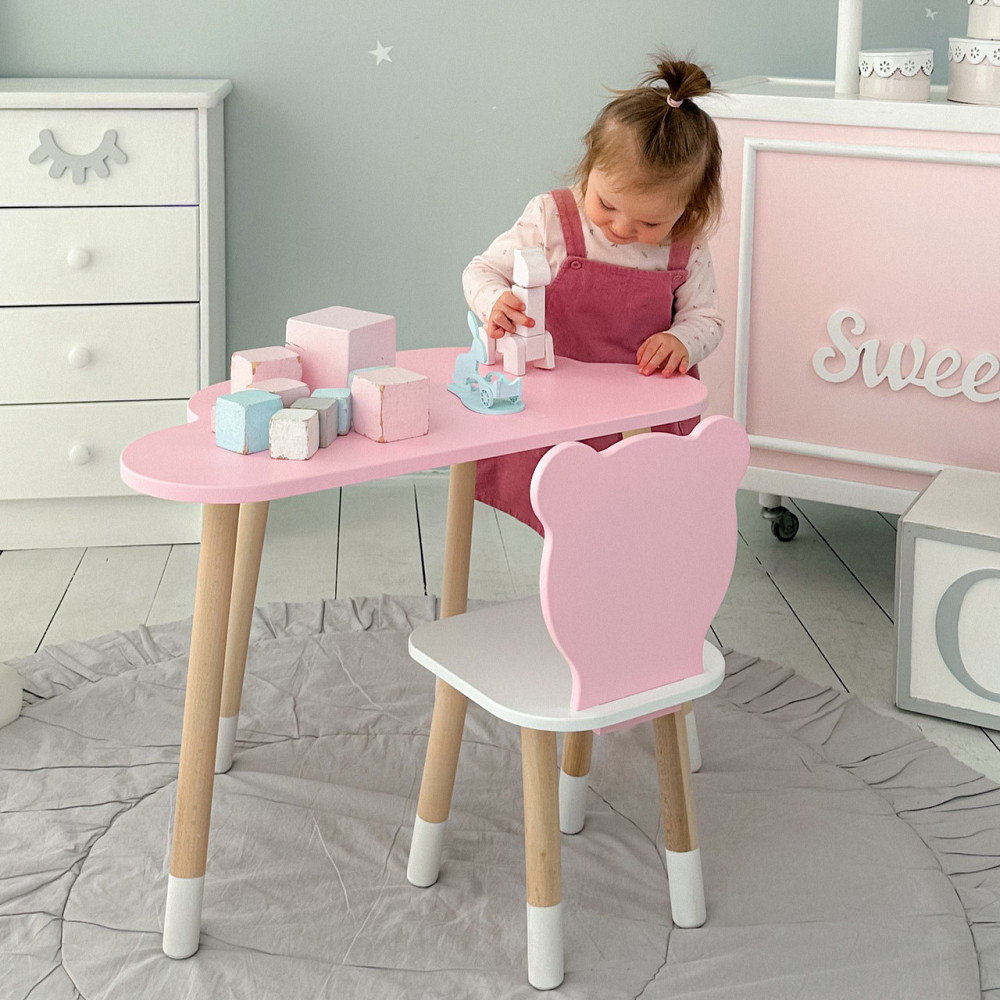Столик хмарка 46х70х40 та стілець медведик 26х26х26, дитячий стіл та стільчик для малювання/занять, рожевий з білим Київ - фото 9