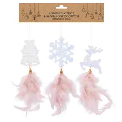 Елочная игрушка Chomik Олень, Дзвіночок, Сніжинка" з пір'ям 22 см, 3 шт, шампань (5900779855861) Вінниця