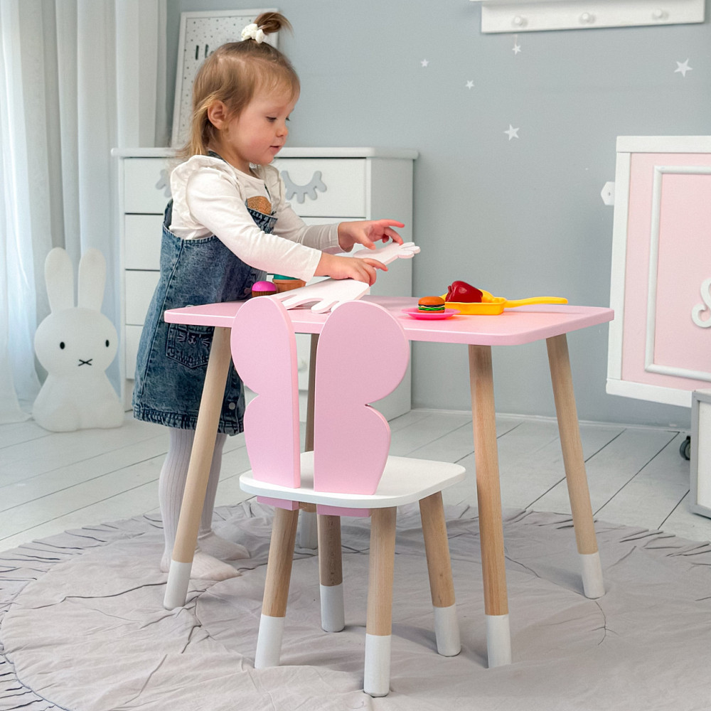 Стіл прямий 46х60х45 і стілець крильця метелик 26х26х24, столик та стільчик для дівчинки, рожевий з білим Київ - фото 4