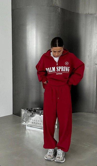 Жіночий теплий прогулянковий костюм-двійка в спортивному стилі тринитка на флісі Червоний, 42/44 Одеса - фото 1