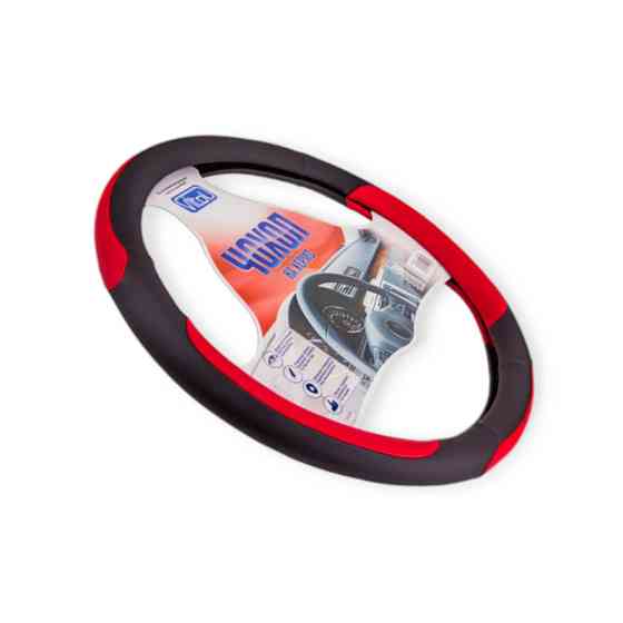 Чехол s кожзам (35 - 37 см) черный перфор., 4 красные вставки руля Мукачево