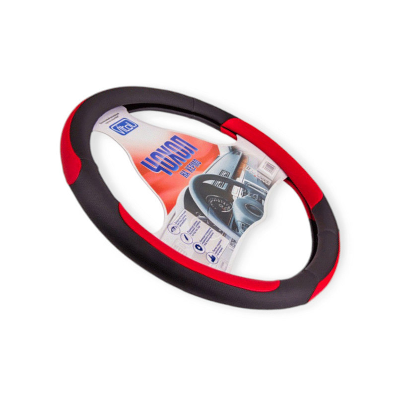 Чохол s шкірозамінник (35 - 37 см) чорний перфор., 4 червоні вставки керма Мукачево - фото 1