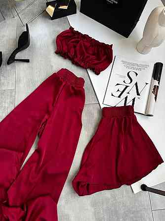 Жіноча піжама-трійка: топ шорти та штани із шовку армані Бордо, 44/46 Одеса