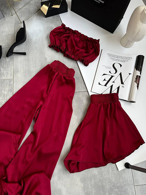 Жіноча піжама-трійка: топ шорти та штани із шовку армані Бордо, 44/46 Одеса - фото 3