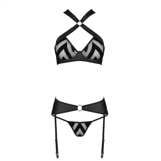 Сітчастий набір з візерунком, бюстгальтер, трусики, пояс для панчіх Passion HIMA SET L/XL black Львів