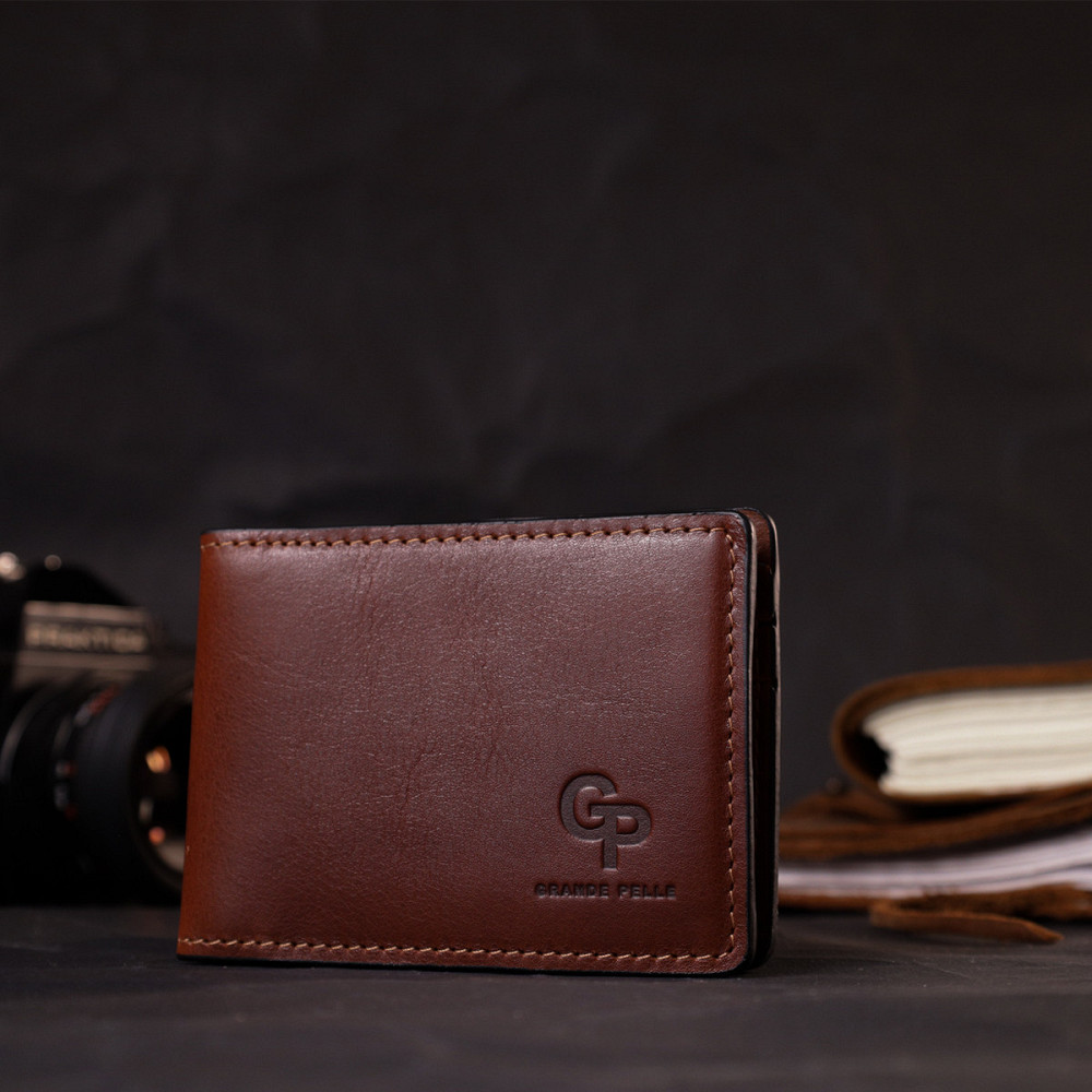 Удобный кожаный зажим для денег Коричневый (GRANDE PELLE) Киев - изображение 2