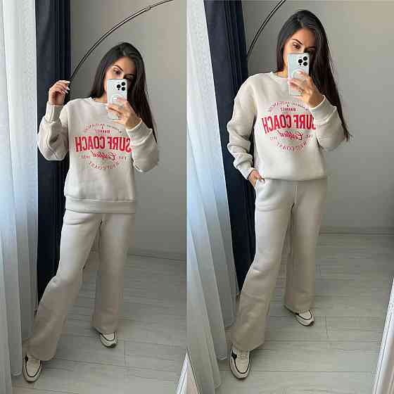 Жіночий теплий оверсайз костюм-двійка: кофта та штани турецька тринитка пеньє на флісі Молочний, 48/50 Одеса