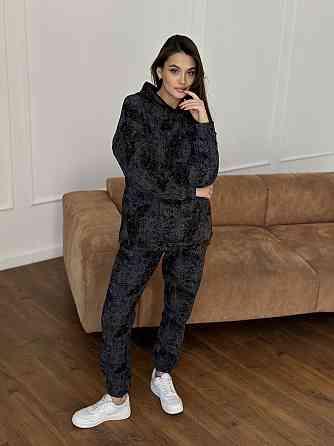 Теплый костюм женский мраморный принт на флисе Черный L-XL Харьков
