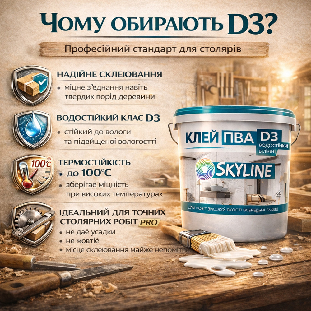 Клей ПВА D3 SkyLine 10 кг столярний підвищеної водостійкості промисловий для виробництва меблів, термостійкий до +100°С Харків - фото 2
