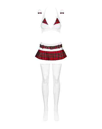 Эротический костюм школьницы с мини-юбкой Obsessive Schooly 5pcs costume L/XL, бело-красный, топ, юб Sex Aura Киев