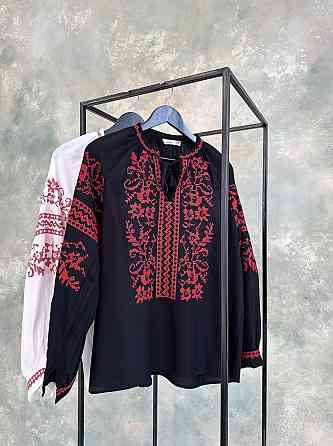 Женская современная вышиванка с красной вышивкой 80% коттон, 20% полиэстер Черный, 44 Одесса