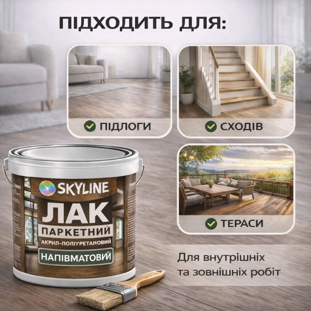 Лак для підлоги напівматовий Skyline паркетний, акрил-поліуретановий, водний, зносостійкий, без запаху, 3 л Харків - фото 3