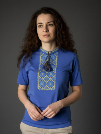 Женская футболка вышиванка синяя с желто-голубым орнаментом Киев