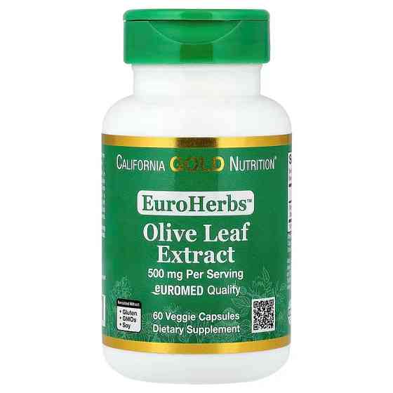 Экстракт листьев оливы California Gold Nutrition EuroHerbs™, Olive Leaf Extract, Euromed Quality, 500 mg, 60 Veggie Capsules Луцк