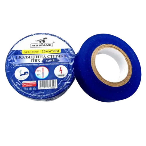 Ізоляційна стрічка ПВХ 15мм*20м 150мкм синя Мустанг Житомир
