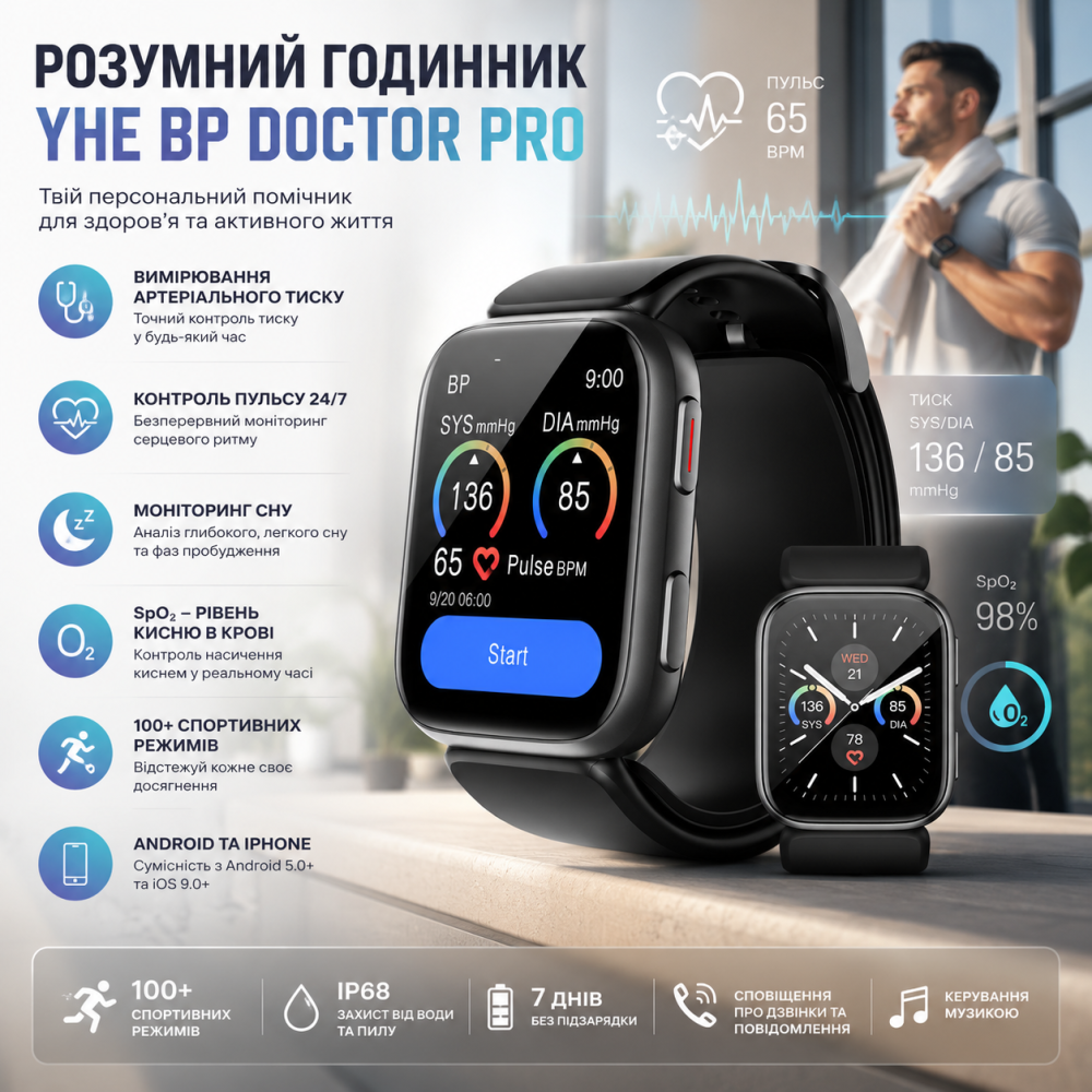 Смарт-годинник YHE BP Doctor Pro Black: розумний фітнес-годинник із запатентованою манжетою тонометра, AMOLED, Android/iOS Київ - фото 1
