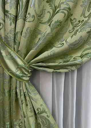 Комплект коротких штор VR-Textil Жаккард Завиток с люрексом № 1649ш Оливковый 145х170 см 2 шт (35-0263) Киев
