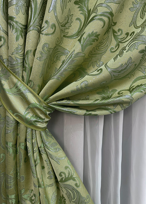 Комплект коротких штор VR-Textil Жаккард Завиток с люрексом № 1649ш Оливковый 145х170 см 2 шт (35-0263) Киев - изображение 4