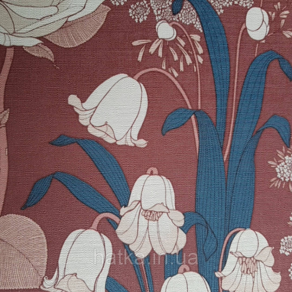 Шпалери вінілові Lutece Melody 51197010 квіти листя рожеві білі сині на бордовому тлі Київ - фото 5