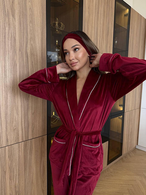 Жіноча затишна піжама: халат-кімоно, штани + пов'язка на голову велюр Бургунді, 42/44 Одеса - фото 5