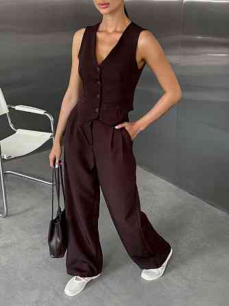 Женский классический брючный костюм двойка: жилет и брюки костюмка Шоколадный, 46/48 Одесса