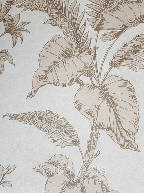 Обои виниловые на флизелине Marburg 31845 New modern крупные листья ветки коричневые кремовые на белом фоне Киев - изображение 2