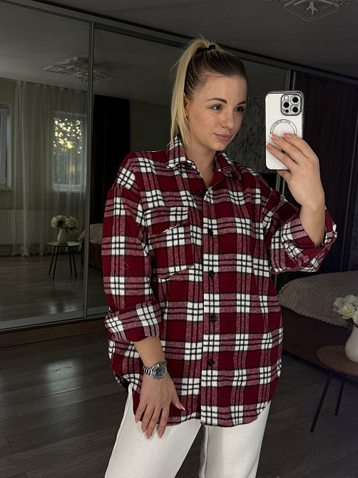Жіноча тепла оверсайз сорочка в клітинку на ґудзиках кашемір Бордо Одеса - фото 5