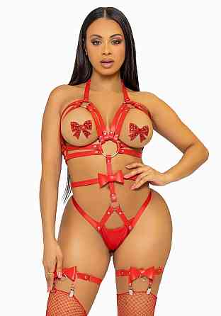 Портупея-тедді з ременів Leg Avenue Studded O-ring harness teddy S Red, екошкіра Sex Aura Київ