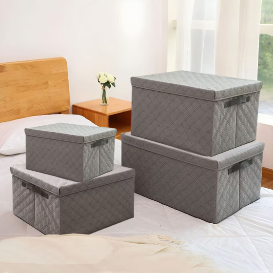 Комплект ящиков для хранения вещей в шкафу 4 шт с крышкой и ручками, тканевый,серый Каменец-Подольский