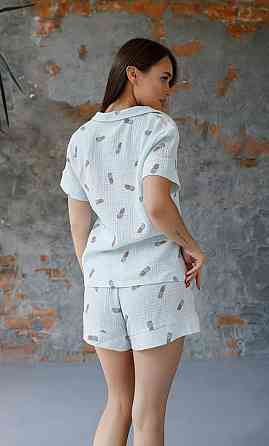 Піжама жіноча муслінова шорти і сорочка S Ананас Блакитний Харків