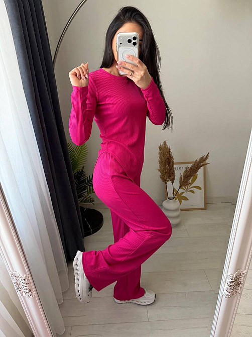 Жіночий стильний повсякденний костюм-двійка турцький рубчик Малиновий, 46/48 Одеса - фото 6