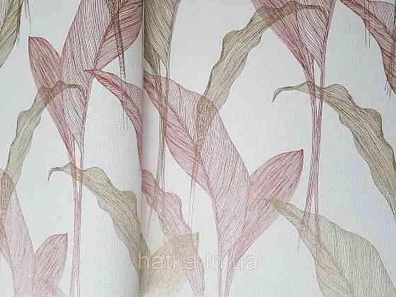 Шпалери метрові вініл на флізелін дизайнерські Erismann Elle Decoration 2 листя рожеві золотисті на білому Київ