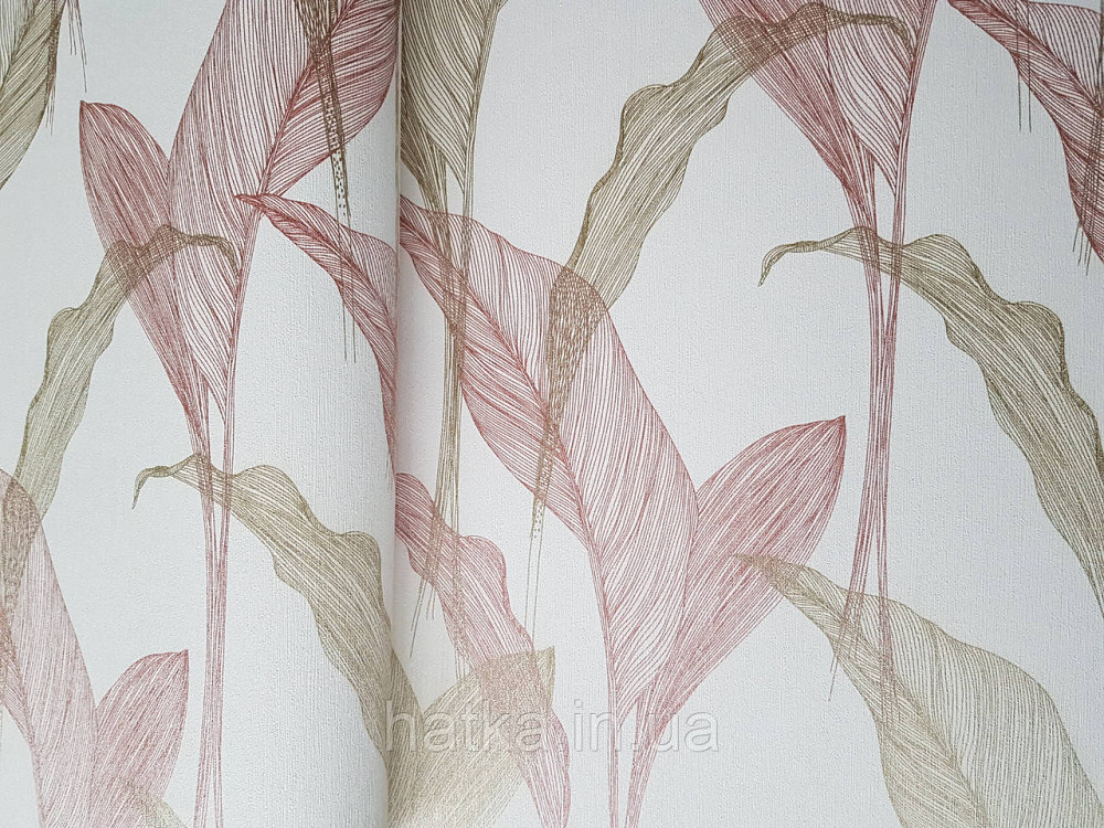 Шпалери метрові вініл на флізелін дизайнерські Erismann Elle Decoration 2 листя рожеві золотисті на білому Київ - фото 1