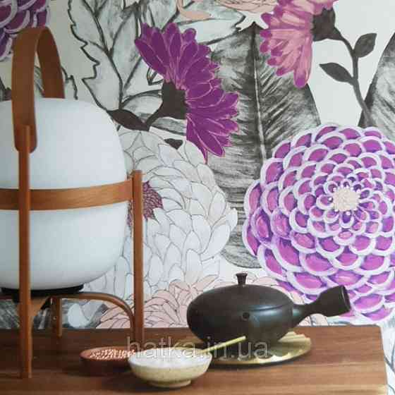 Шпалери вінілові Decopreint Breeze квіти хризантеми великі бузкові рожеві чорні акварель 0.53х10 м Київ